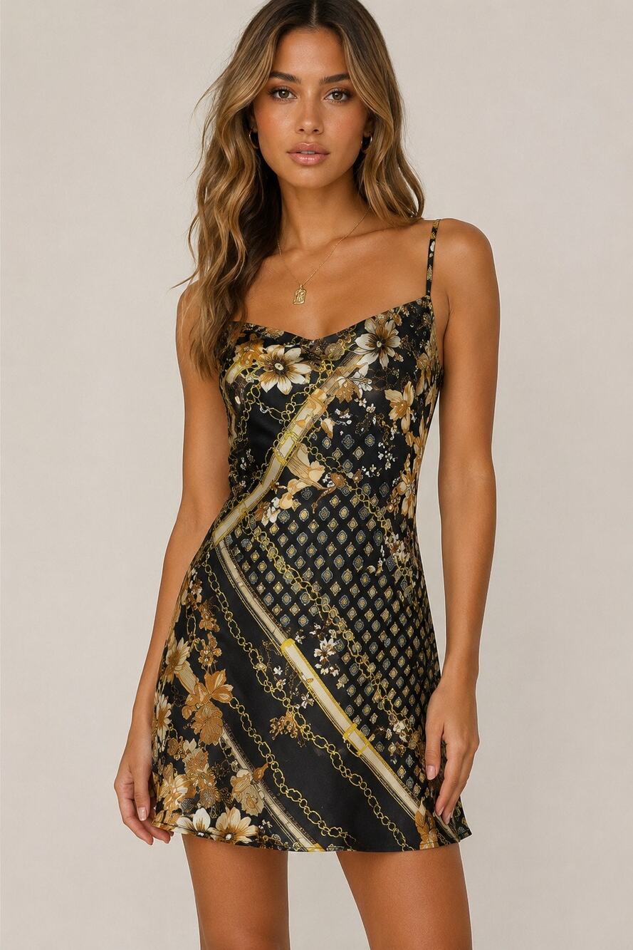 Princess Polly Lucci Mini Dress Black Gold Print Size 4